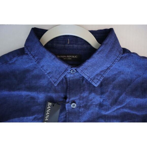 Banana Republic Men's Sz M Navy Blue Standard-Fit Button Down Linen Shirt $85 - Picture 9 of 15